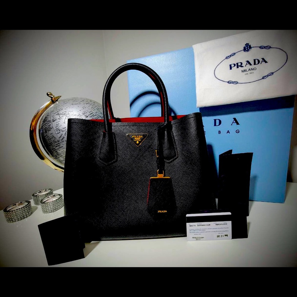 Prada Black Leather Tote with Red Trim and Gold Hardware